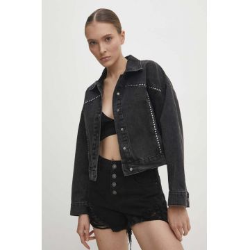 Answear Lab geacă din denim femei, culoarea negru, de tranziție, oversized