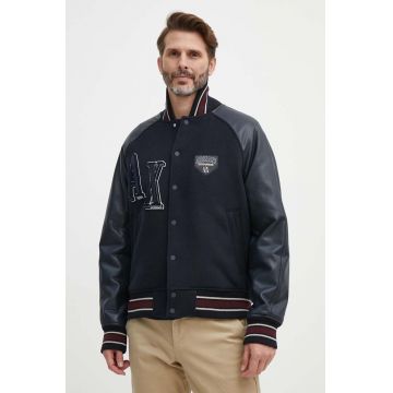 Armani Exchange jacheta bomber din amestec de lana culoarea albastru marin, de tranzitie