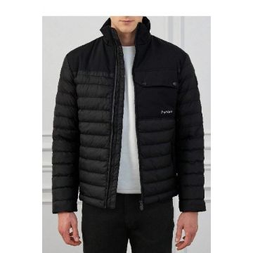 Geaca de iarna, cu guler inalt si fermoar, negru, barbati, Shein