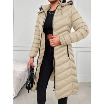 Geaca midi cu guler si cu gluga, crem, dama, Shein