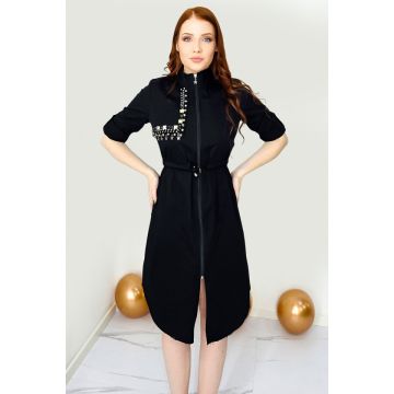 Jacheta tip sarafan, Marisha, cu detalii metalice si maneca reversibila, Negru, Marime S/M
