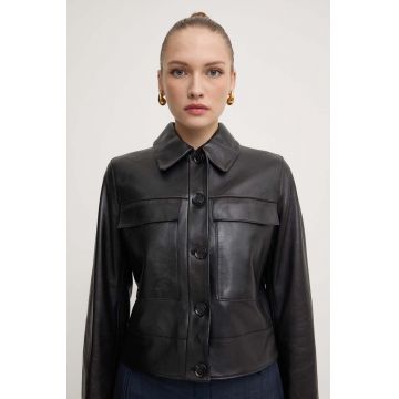 BOSS geaca de piele femei, culoarea negru, de tranzitie, 50518239