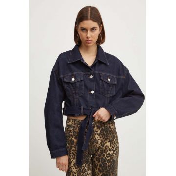 HUGO geacă din denim femei, culoarea bleumarin, de tranziție, oversized, 50519925