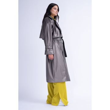 Trench din Piele Metalizata cu Maneca Raglan si Cordon