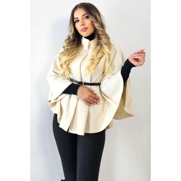 Jachetă stofă elegantă Amalia, cu croiala evazata si curea asortata, Crem, Marime S/M/L