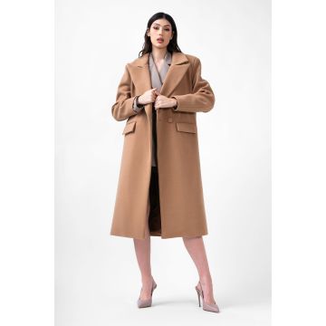 Palton drept camel cu buzunare