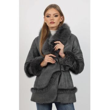 Cojoc de Dama din Blana de Miel si Vulpe Argintie -  Model Norvegia Gri