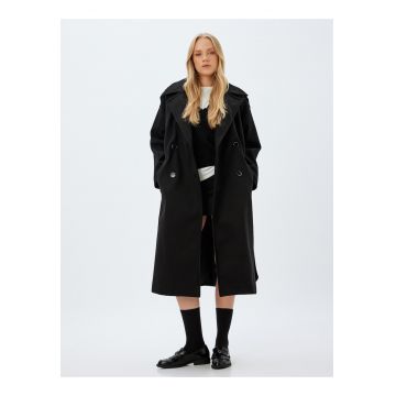 Palton lung cu revere decupate - Negru